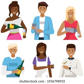 Set of illustrations about bartenders working with drinks. People mix, create and serve cocktails