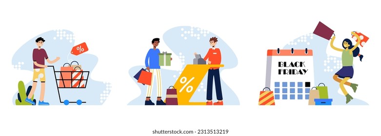 Conjunto de ilustraciones sobre el viernes negro. Los personajes vectoriales masculinos y femeninos están contentos con los descuentos en las tiendas. Feliz compra. Grandes compras a precios reducidos. Gran venta