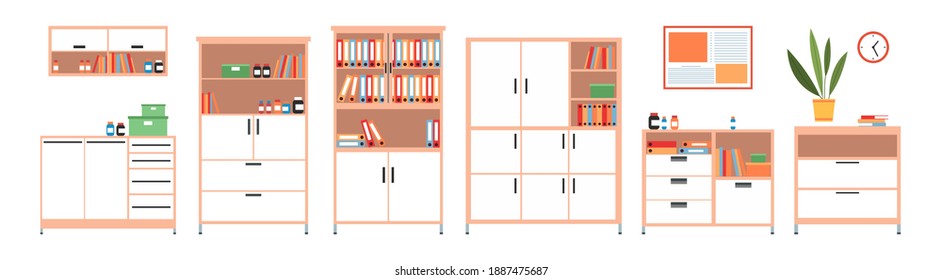 Set of illustrations about cabinets for the interior of the medical office. Hospital furniture arrangement. Boxes for storing documents and equipment. The bookcases with documents and folders
