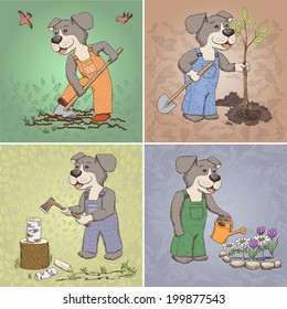 Set of illustrations about cartoon farmer dog character working at farm and in the garden on multicolor pattern backgrounds. Eco life concept.