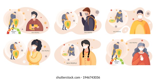 Set of illustrations about characters during pandemic. Face mask to prevent viruses spread