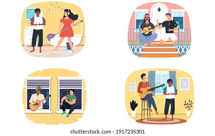 Set of illustrations about characters have fun together at home and listen to guitar playing. People sing songs for listeners friends. Musicians make music. Guitarists perform with stringed instrument