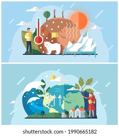 Conjunto de ilustraciones sobre el cambio climático, el aumento del nivel del agua, el calentamiento global, los problemas ecológicos. A los personajes de caricatura les importa la naturaleza. El aumento de las temperaturas planetarias afecta a la flora y la fauna