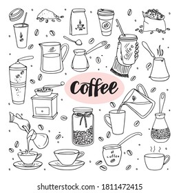 Set of illustrations about coffee.  Cup, decanter, jar of beans, pot for brewing coffee, Turk, paper cup, hand, coffee grinder, bag of beans, paper packaging.  Vector.  Doodle style.