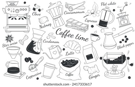 Set of illustrations about coffee. Cup,
Coffee machine, bag of beans, Turk, paper cup, manual bean grinder, spices, croissant, chocolate, geyser coffee maker. Vector. Doodle style.