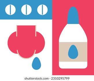 A set of illustrations about colds and viral diseases. Treatment of symptoms of a viral infection, flu. Stuffy red nose. Means for the treatment of the common cold. Modular flat style illustration.