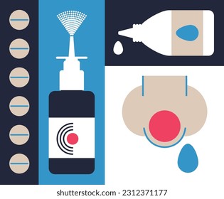 A set of illustrations about colds and viral diseases. Treatment of a runny nose or allergies. Medical nebulizer. Modular flat style illustration. Inflamed red nose.