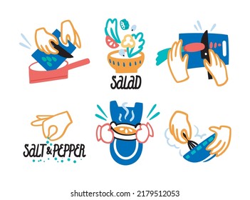 Set Of Illustrations About Cooking. Vector Doodle Style. Salad, Frying Pan, Apron, Pie, Beating Dough, Salt And Pepper, Carrot, Shred, Knife.