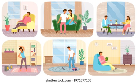 Set of illustrations about daily routine. People spend time at home, doing sports, cleaning. Cartoon characters, their hobbies, communicating with loved ones, exercise. Healthy lifestyle concept