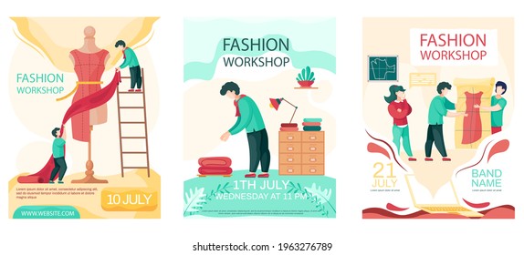 Set of illustrations about designers work with fabrics and patterns to create clothes. Sewing studio with seamstresses. Fashion workshop concept poster. Custom tailoring to order available on website