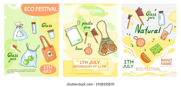 Set of illustrations about eco festival concept poster. Zero waste, using plastic free materials