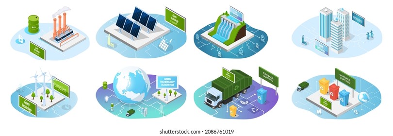 Reihe von Illustrationen über umweltfreundliche Technologien. Umweltverträgliche Energiequellen. Erneuerbare Energien, Erhaltung der Ökosysteme, Abfallrecycling. Verteilung alternativer Elektrizität auf den Planeten