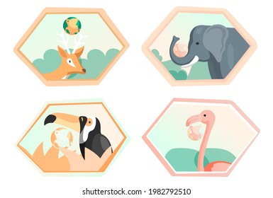 Conjunto de ilustraciones sobre el ecosistema de la Tierra. Ecológica, conservación de la naturaleza, protección del medio ambiente. Diferentes animales con un fondo abstracto. Representantes de la biodiversidad del planeta Tierra