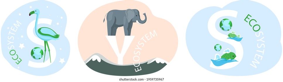 Set of illustrations about ecosystem protection. Eco friendly, nature conservation, environmental care. Different animals on abstract background with letters. Representatives of biodiversity of planet