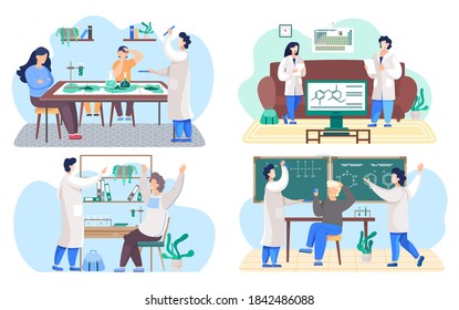 Reihe von Illustrationen über Bildung und Chemiestudium in der Schule. Lehrer erklären einem Schüler Formeln an der Tafel. Forschung im Klassenzimmer. Wissenschaftler arbeiten während der Forschung zusammen