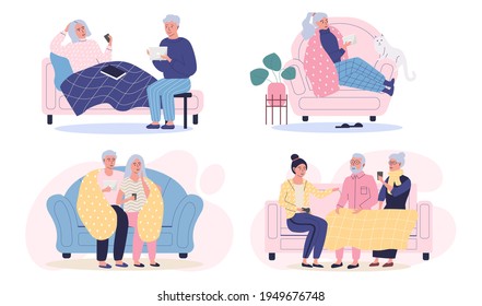 Eine Reihe von Illustrationen über ältere Menschen verbringen Zeit zusammen zu Hause. Alte Ehepaare nutzen Technologie
