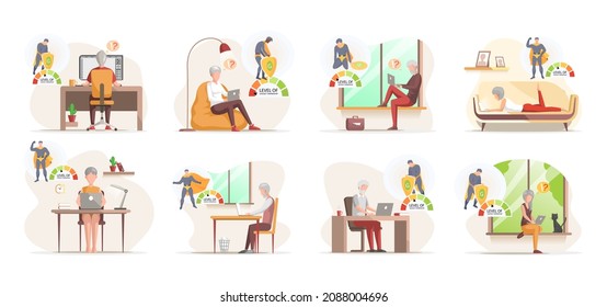 Set of illustrations about elderly people working on laptop. Senior men and women dealing and working with gadgets. Mastering modern technologies concept. Change in level of gadget ownership