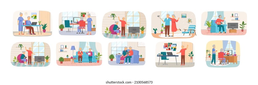 Set Of Illustrations About Elderly People Sitting At Home With Modern Gadgets. Old Characters, Seniors Mastering Technology Concept. Retired Men And Women Spend Time Together With Electronic Devices