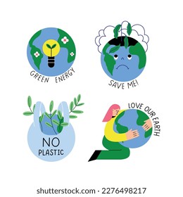 A set illustrations about environmental protection: No plastic  Green Energy  Save the Planet   Love our planet isolated white background