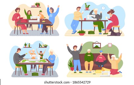 Set of illustrations about family playing board game. Children and parents are spending time together. People working with a sewing machine on the table. Friends are sewing designer clothes