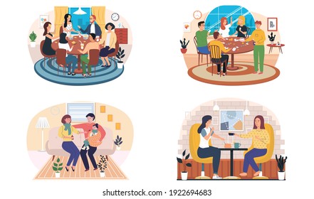 Set of illustrations about family playing board game at home. Parents and children spending evening time together. Girls drink coffee in establishment. Parents treating sick child in apartments