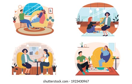 Set of illustrations about family playing board game at home. Mother and daughter spending evening time together in cafe. Girls drink coffee in establishment. Man treating sick woman in apartment