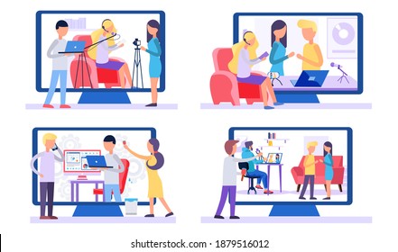 Reihe von Illustrationen zum Filmen und Aufnehmen von Tracks. Die Leute arbeiten auf dem Hintergrund eines Computerbildschirms. Charaktere mit Laptops und Telefon verbringen Zeit bei der Arbeit. Paare, die Rock-Papier-Schere spielen