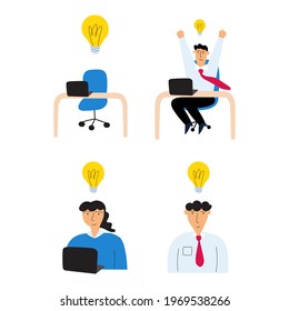 Set of illustrations about finding new idea. Light bulb icon. Business concept.