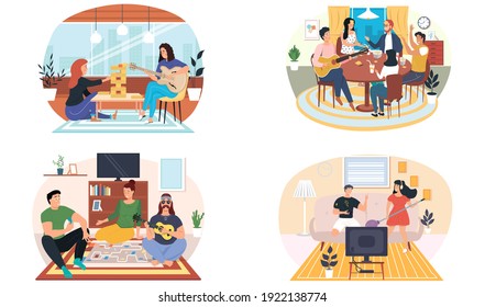 Set of illustrations about friends listen to music, play guitar, sit at table with board games. People spend time together and relax. Musicians play guitar or ukulele. Guitarists perform in apartment