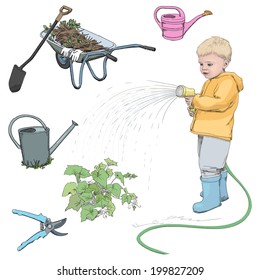 A set of illustrations about garden work: a boy with a garden hose, wheelbarrow loaded with twigs, spade, pruner and water pots.