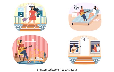Set of illustrations about guitarists with instrument entertain audience. People have hobby. Guy sings romance to girl. Man sings to child at night. Girl imagines guitar. Musician performs on balcony