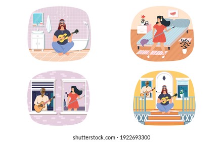 Set of illustrations about guitarists performing songs and playing stringed musical instrument. Performer create music and melody. People with a guitar in their hands play and sing vector illustration