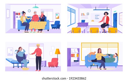 Set of illustrations about healthcare and treatment. People take medication and help relatives. Characterss take antiviral and apply disease control methods. Patients suffer from illness at home