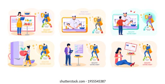 Set of illustrations about healthy eating habits. People learning about proper nutrition and cooking