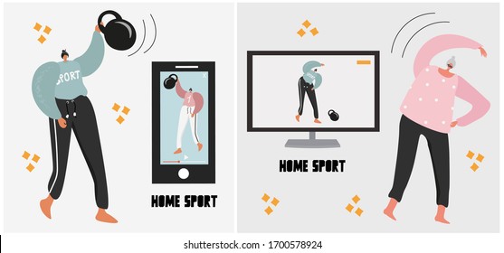 Conjunto de ilustraciones acerca de los ejercicios domésticos. Formación en línea sobre una aplicación de fitness. Deportes caseros. Deportes en el período de autoaislamiento. Graciosa ilustración vectorial del deporte.