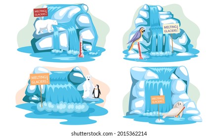 Set of illustrations about impact of global warming on animals. Melting glaciers and climate change concept. Glacier with flowing water, mountain made of ice. Animals escape from climate change