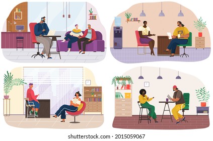 Set of illustrations about interviewing, live communication in studio. Characters work at radio station with podcast. Broadcasting live, recording interview with studio guest. Making live talk show