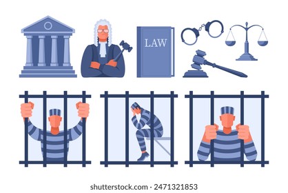 A set of illustrations about law and justice, court and arrest, judge and prisoner in prison. The concept of fighting crime, crime and punishment. Vector blue and gray color.