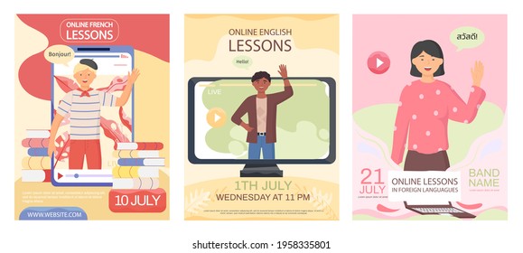 Set of illustrations about lesson of communication with representatives of different countries