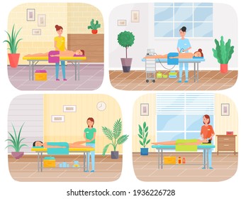Conjunto de ilustraciones sobre la realización de masajes. Masseur trabajando con clientes y dando masajes