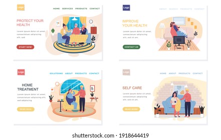 Set of illustrations about medical website with treatment advice. Effective self care. Characters give medicine to sick relatives. People suffer from illness at home. Self-isolation treatment concept