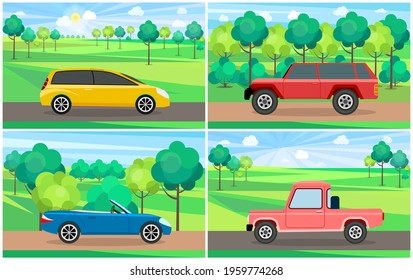 Set of illustrations about modes of transport and machine shapes. Cars of different types without drivers in background of landscape of nature. Crossover, hatchback, pickup vehicle is riding