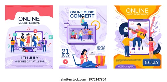 Set of illustrations about musicians give concerts. Video with creative people performing songs and playing musical instruments. Performers play live music. Online concert, festival, performance