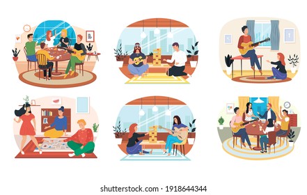 Set of illustrations about musicians with guitar entertain people playing board game in apartment. Performing songs live. Guitarists with musical instruments. People have fun and play games with music