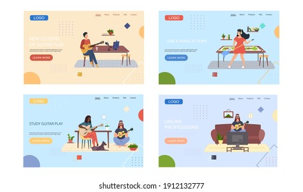 Conjunto de ilustraciones sobre músicos mejorando sus habilidades de tocar guitarra. La gente canta canciones y practica. Los guitaristas usan instrumentos musicales para crear música. Plantilla de página de inicio. Jugando guitarra acústica