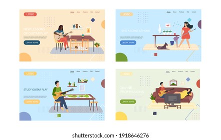 Set of illustrations about musicians performing songs with guitar. Website sing and play instrument. Guitarists with stringed instrument create melodies. Characters perform with acoustic guitar