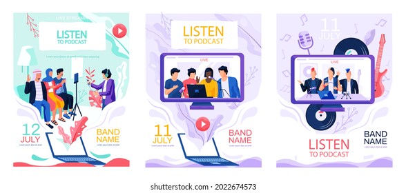 Set of illustrations about musicians performing live music in studio for podcasts. Music bands record tracks and sing for broadcast vector illustration. Listening to podcasts online concept poster
