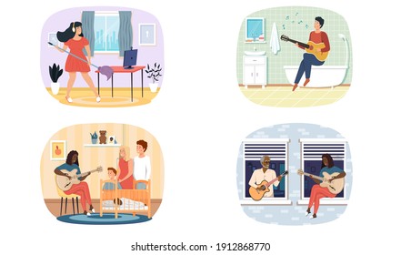 Set of illustrations about musicians play acoustic guitar and entertain people. Joint pastime with music. Guitarists perform with stringed instrument. Characters listening to guitar melodies