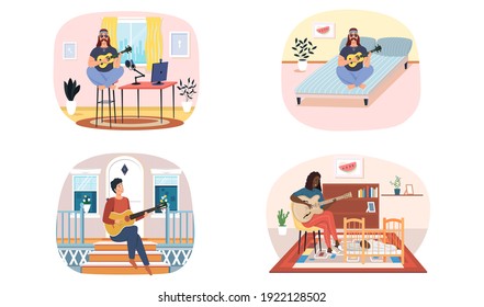 Set of illustrations about musicians are playing strings alone. People play guitar and listen. Guitarists perform song and create music and melody. Performer plays musical string instrument