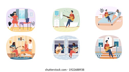 Set of illustrations about musicians practice their guitar skills at home. Performers play chords. Guitarists play guitar and compose songs at home. Rest and pastime with music. People create melody